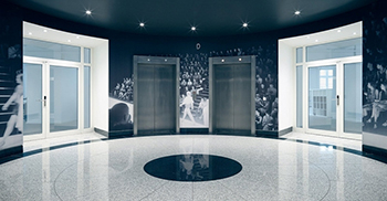 办公楼装修：高镜子与时装秀图案相结合营造出空间错觉