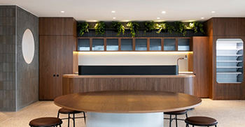 公司办公室装修设计：调色板由丰富的蓝色和橄榄绿色定义 以自然饰面和中性色调调和