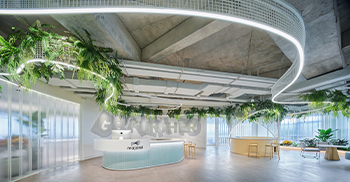 办公楼设计装修：此次项目设计的主题命名为“城市丛林”，希望引景入室，以自然为媒介，探索后工业时代的空间表达形式，修复在当下的建筑语境里面，人与自然的关联