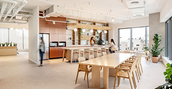 办公室装修设计：用纯白色的天花板平衡了各种纹理、颜色和材料