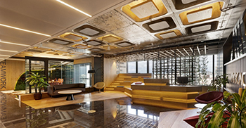 公司办公室装修：使用天然但精致的材料与天花板的粗糙效果实现对比