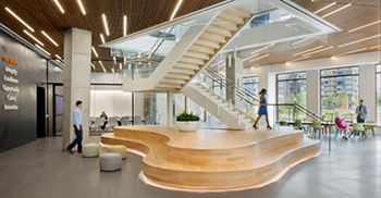办公室空间设计：设有高大的木质天花板和自然采光和街景空间