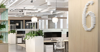 办公室设计效果图：融合了分层的照明方法、柔软的家具和温暖的调色板