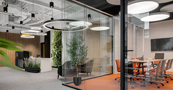 办公室装修风格：天然材料、自然色调和绿色植物与对比鲜明的口音相结合