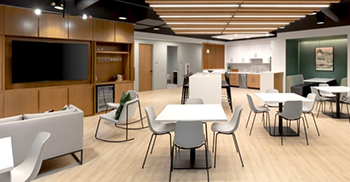 办公室装修设计：调色板辅以温暖的木质色调和时尚的灯光 营造出办公室的精致色调