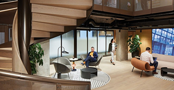 公司办公楼装修：空间的核心是一个定制的钢制楼梯 与现代优雅色调相得益彰