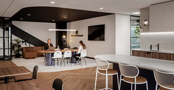 公司办公室装修设计：中性配色方案融合了温暖的木材、柔软的材料和各种蓝色调