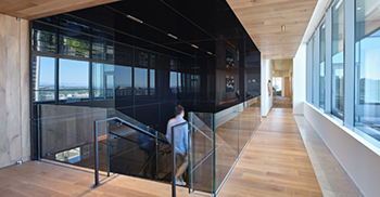 办公楼室内设计：简洁的几何形状和清晰的材料轮廓平衡了大胆的新艺术品系列
