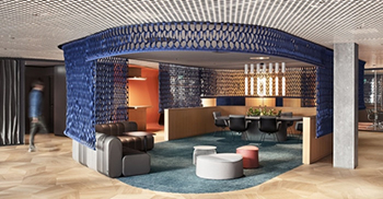 办公室装修设计：主旋律是圆角 彩虹色金属墙板增添了特殊效果和舒适感